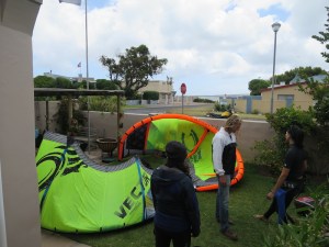 Kites drying on the lawn
