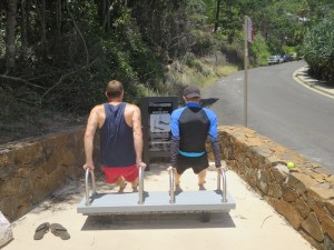 Rich and Tom on the outdoor gym equipment
