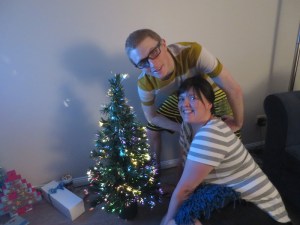 Tom and Bec with their Christmas tree