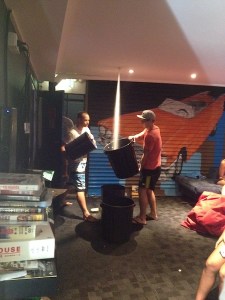 Water gushing out of the ceiling in the hostel TV room