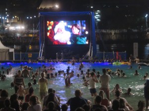 The open air cinema at Brizee beach showing Christmas movies