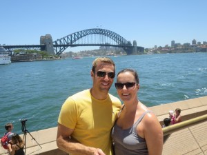 Smiling in the sunshine with the Sydney Harbour Bridge in the background