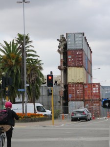 Cargo containers are still used to prop up walls from the 2011 earthquake