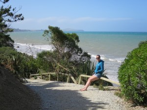 Sonia taking a rest on the way to the Moeraki Boulders