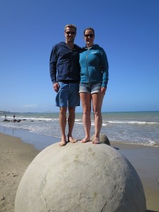 Rich and Sonia on top of a huge Moeraki Boulder