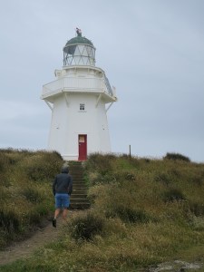 Rich walking up to the lighthouse at Waipapa Point