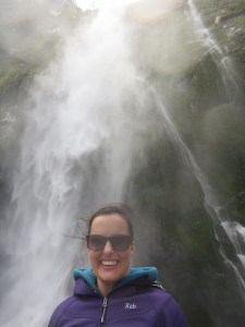 Sonia getting soaked at the bottom of Stirling Falls