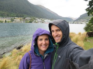 Rich and Sonia walking around Queenstown Gardens in the rain