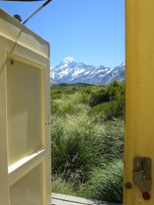 An outdoor toilet with a view of Mount Cook!