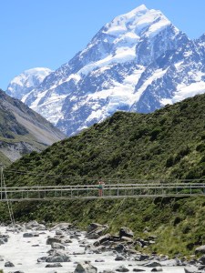 Sonia on one of the three swing bridges on the walk to Mount Cook