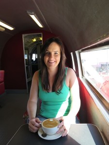 Sonia enjoying a coffee onboard the McDonalds aeroplane
