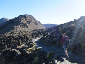 Rich following the path through the rocky lava fields
