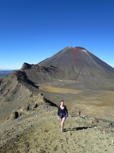 Sonia heading to the Red Crater with Mount Ngauruhoe in the background