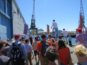 The fan trail walked across the harbour to the stadium