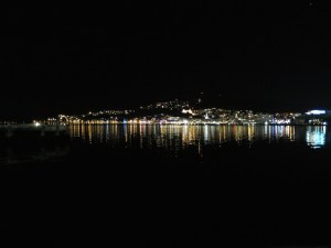 The lights of Wellington reflected in the harbour