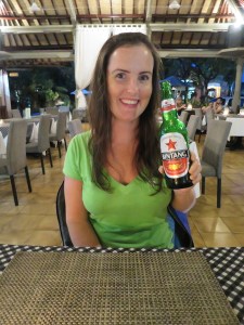 Sonia tasting the local beer