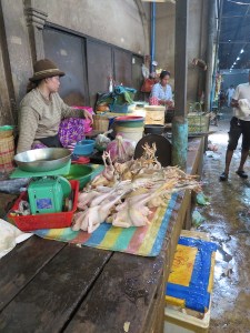 Chicken with feet on being sold at the Old Market
