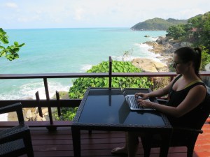 Sonia blogging on the balcony
