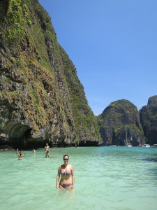 Sonia having a paddle at Maya beach on Phi Phi Ley