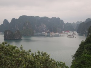 View of the junk boats anchored in Halong Bay