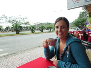 Sonia enjoying a Vietnamese coffee