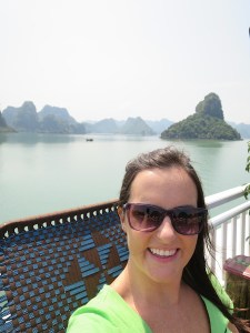 Sonia happy the sun is shining in Halong Bay