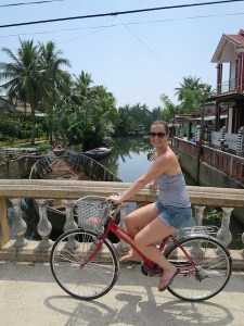 Sonia crossing a small bridge on Cam Nam island