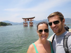 Sonia and Rich in front of the Itsukushima Shrine O-Torii (Grand Gate)